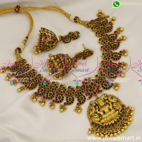 Bridal Ornaments Temple Kemp Gold Necklace Design For Light Colour Saree Antique NL24741