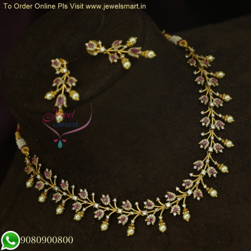 Royal Opulence: Broad Leaf Design Ruby and White CZ Antique Gold Necklace NL26242