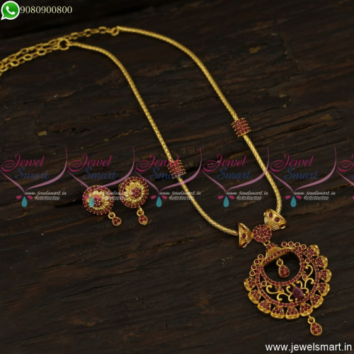 Chandbali Style Thali Kodi Chain Necklace Set Gold Plated Small Ear Studs NL23680