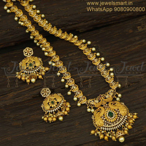 Charming Elite Artistry Long Gold Necklace Models For Sarees and Traditional Outfits NL24837