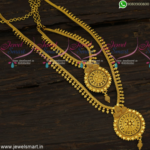 Classic Combo Long Necklace Ideas For Wedding Plain Gold Simple Arumbu Malai Beads NL23942