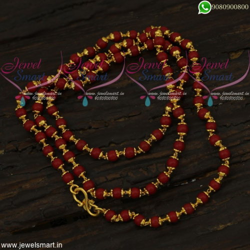 Coral Red Colour Beads Gold Chain Models For Senior Citizen