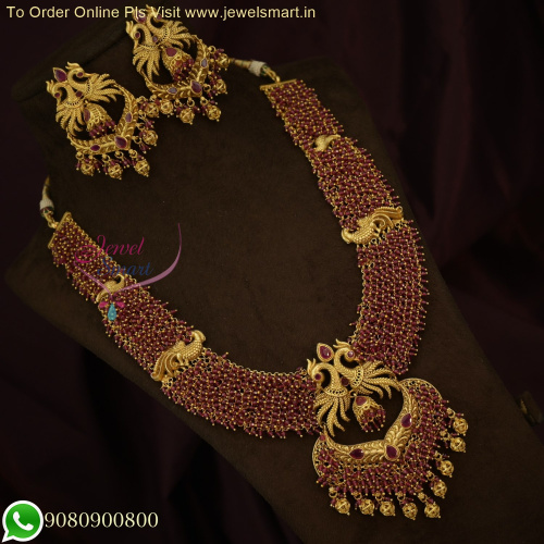 Unique Crystal Elegance: Handcrafted Temple Jewellery Long Necklace Set with Colorful Danglers - Antique Gold South Indian Splendor NL22394N