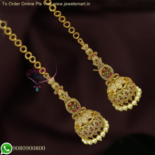 Beautiful CZ Jhumka Earrings with Attached Mattal Chain - 2-in-1 Affordable Jewellery Designs Online J26371
