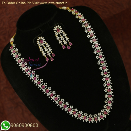 Exquisite CZ Long Necklace Set with Ruby and Emerald Stones and Big Earrings - Timeless Elegance NL25947