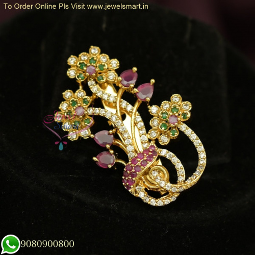 Floral Elegance CZ Stone Saree Pins - Gold Plated Brooches for Women SP26439