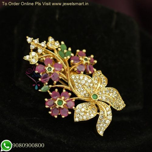 Elegant CZ Stone Floral Saree Pins - Gold Plated Brooches for Women&#039;s Jewelry H26438