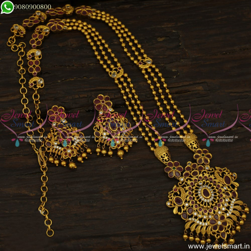 Delicate 3 Line Beads Antique Gold Long Necklace Mugappu Model Haram Online NL23821