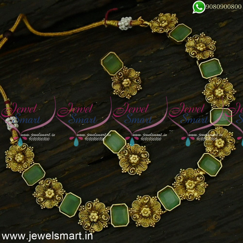Delicate Floral Mild Gold Square Stone Stylish Necklace Set Colour Options NL24849