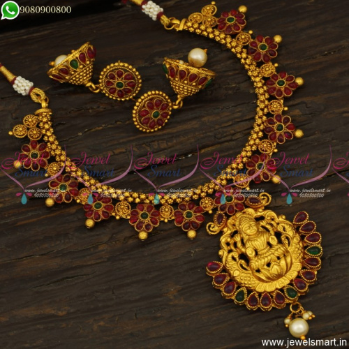 Delightful Chain Necklace Set Floral Kemp Stones Temple Jewellery Jhumkas Online 