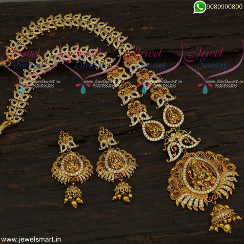 Designer Long Necklace Temple Jewellery Set For Wedding CZ Collections Online NL21855