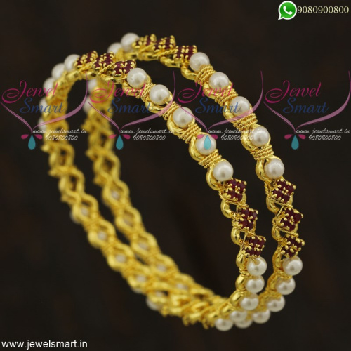 Designer Pearl Bangles Gold Plated Set Imitation Jewellery Online Ruby Emerald Stones B21821