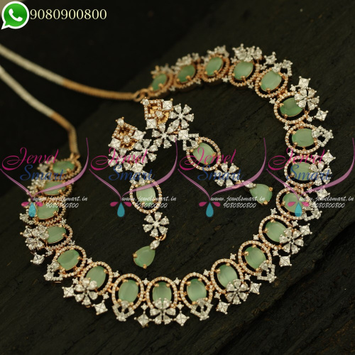 Diamond Finish Color Stones Necklace Set Rose Gold Silver Two Tone Plated