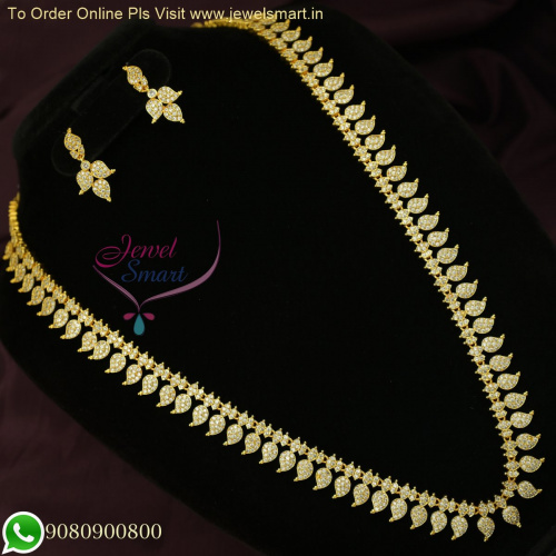Exquisite Diamond Jewelry: Traditional Mango Long Necklace Haram Collections with Sparkling CZ Stones NL26480