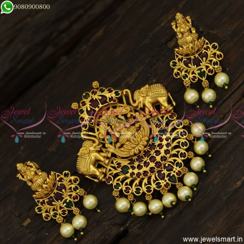 Divine Gajalakshmi Temple Jewellery Artistic Gold Pendant Designs With Earrings PS23810