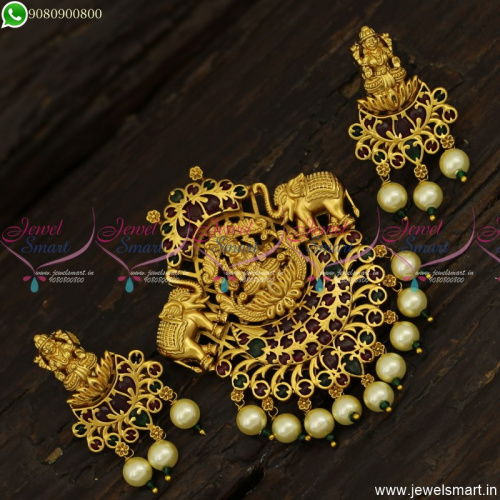 Divine Gajalakshmi Temple Jewellery Artistic Gold Pendant Designs With Earrings PS23810