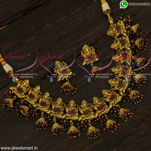 Divine Gold Necklace Design Lord Ganesha Jhumka Crystal Jewellery Set NL22338