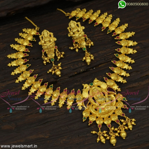 Divine One Gram Gold Jewellery Set Temple Laxmi Necklace With Screwback Ear Studs NL22782