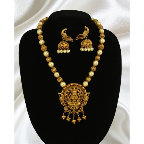 NL19270 Temple Jewellery Matte Gold Antique Pearl Mala Nagas Latest Real Look Design Collections Online