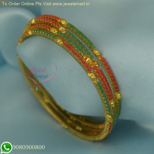Affordable Party Wear 4 Pieces Coral andd Emerald Gold Plated Colour Stone Bangles B26177