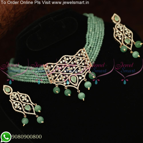 Mint green Crystals Silver Look Locket Choker Designs Trending Fashion Jewellery NL25594
