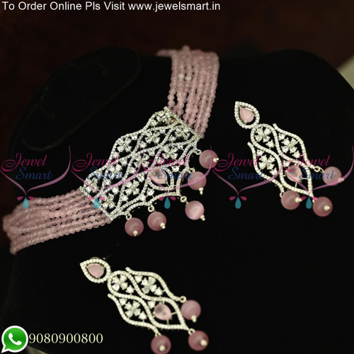 Pink Crystals Silver Look Locket Choker Designs Trending Fashion Jewellery NL25593