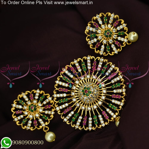 Sun Inspired Multi Color CZ Stones Pendant and Earrings Set Gold Plated PS25586M