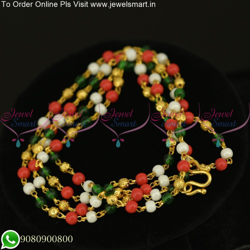 Pearl Red and Green Beads 30 Inches Chain With Floral Caps Metal String C25616