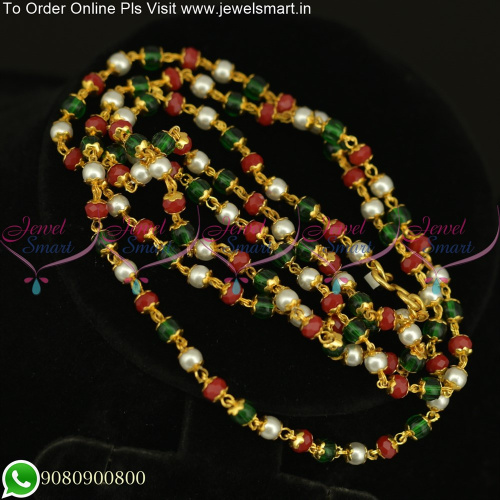Pearl Red and Green Beads 30 Inches Chain With Floral Caps Metal String C25618