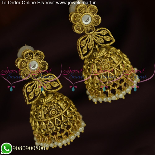 Vintage Floral Design Antique Gold Jhumka Earrings: Add a Touch of Charm to Your Look J25644