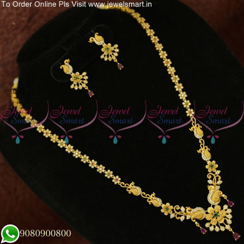 Simple Floral and Peacock Long Necklace Set Party Wear Delicate Jewellery NL25701