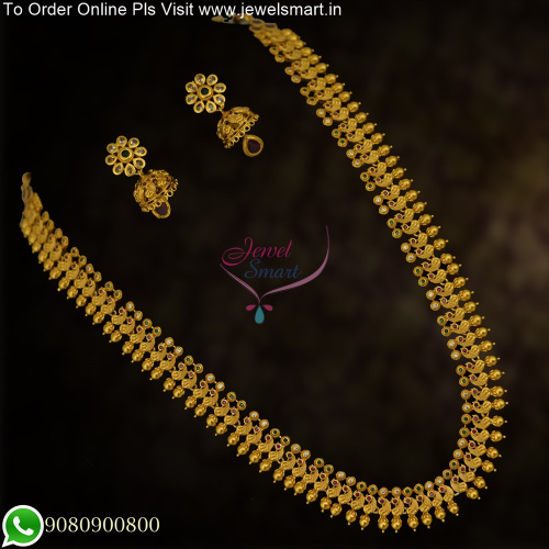 Simple Beads Long Necklace Set Dull Gold Matte Peacock Jewellery Online