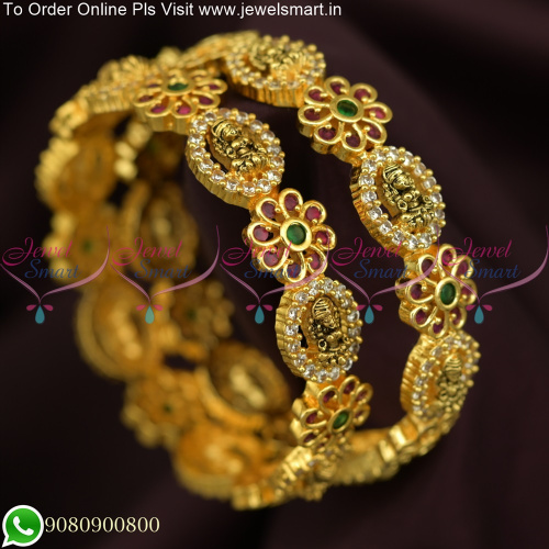 Shop Bangles with a Blend of Temple and Floral Broad Design Antique Gold B25763