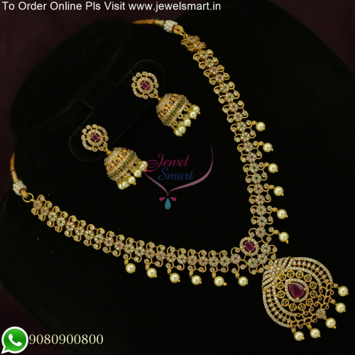 Antique CZ Stone Necklace Set with Jhumkas - Exquisitely Studded Jewelry for a Timeless Look NL25767