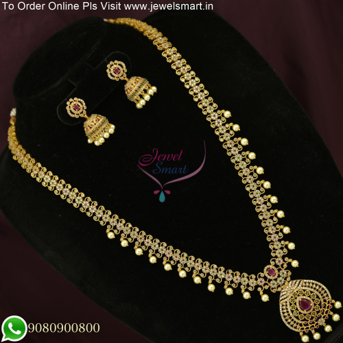 Antique CZ Long Necklace Set with Jhumkas - Exquisitely Studded Jewelry for a Timeless Look NL25768