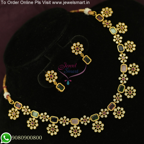 Silver Inspired Navratna Necklace Set Antique Gold Look NL25773