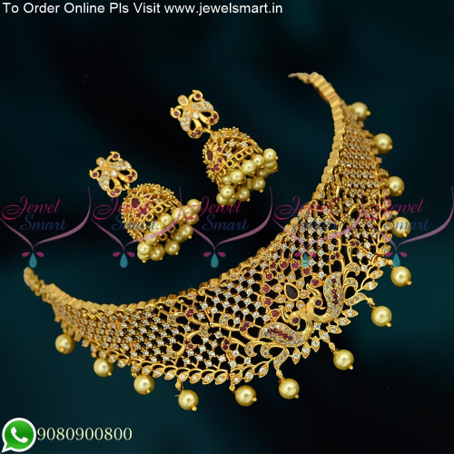 Trendy One Gram Gold Choker Necklace Peacock Jhumkas New Designs Online NL22538