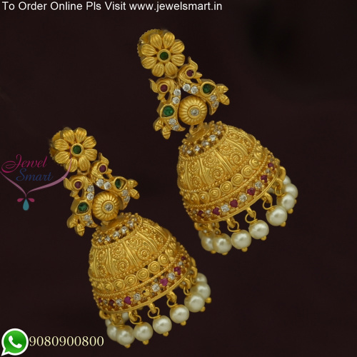 Elegant Floral Bright Matte Jhumka Earrings with Pearls: Delicate Beauty for Every Occasion J25805