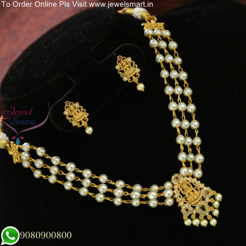 3 Line Pearl Choker Necklace with Temple Pendant and Earrings Offer Sale NL25813