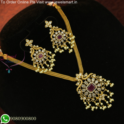 South Indian Attigai Style Antique Gold Necklace Set Peacock Design NL25812