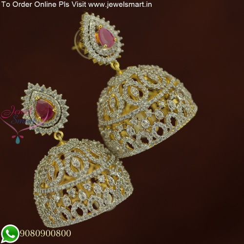 Broad Umbrella Shape CZ White Stone Jhumkas: Stunning Earrings on Sale - Shop Online Now J25819