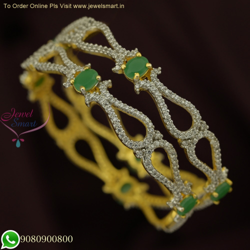 Emerald Green and White CZ Bangles In Gold and Silver Two Tone Polish B25850