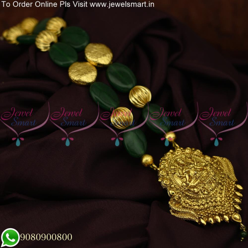 Jaipur Style Kharbuja Beads With Flat Green Beads Temple Beaded Mala NL25496
