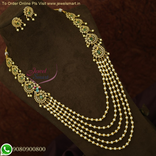 Trending Peacock Design Mugappu 5 Line Pearl Mala Necklace | Exquisite Gold Designs NL25989