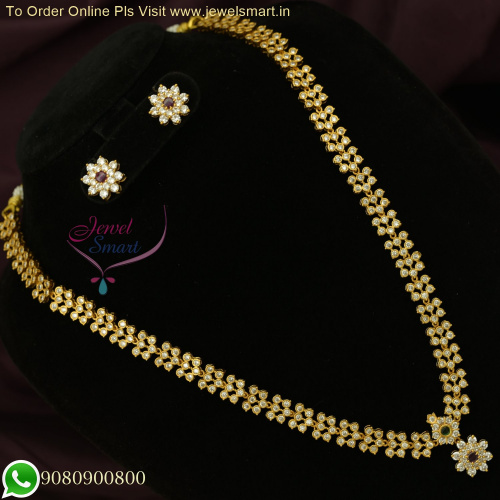 Elegant Diamond Look Dull Gold CZ Long Necklace Set | Stunning South Indian Haram NL26425