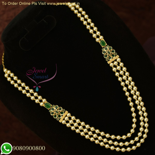Elegant 3-Layer Pearl Mala with Green Mugappu: Pearl Long Necklace Designs NL26104
