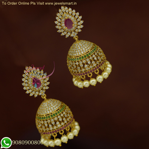 High Quality Gold Plated Matte Finish Pink And White Color CZ Stone Peacock  Design Jhumka Earring