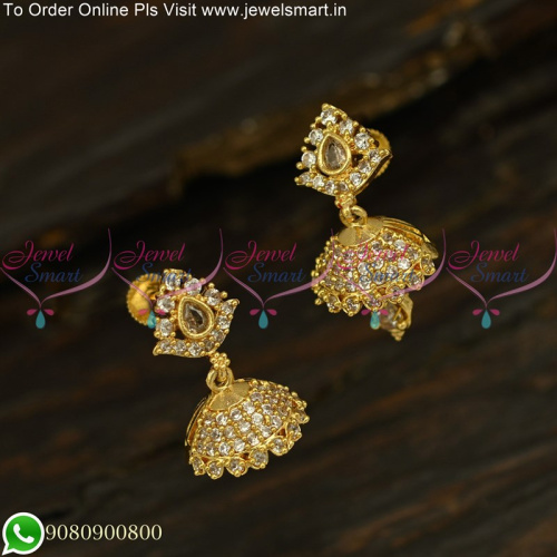 Elegant Small White Stone Jhumka Earrings Gold Polished Jewellery Designs J25126W