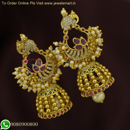 Elephant Design Sparkling CZ Stones Jhumka Earrings with Pearls | Latest Trending Designs | Buy Jhumkas Online J26352