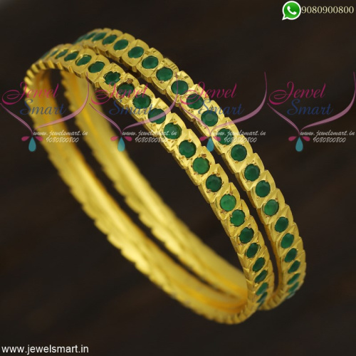 Eye Shape Cut Emerald Green Stones Gold Design Bangles Imitation Jewellery Online B21863